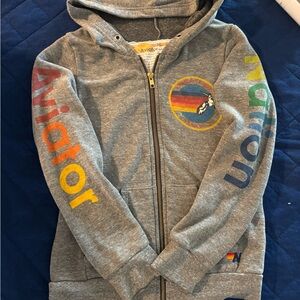 Aviator Nation Kids Gray Zip Hoodie with Rainbow Sleeve Logos